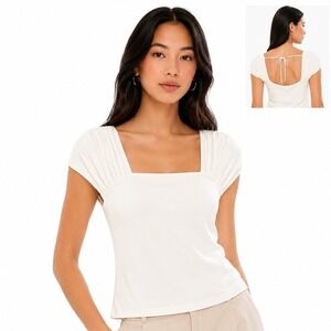 The Commons Mindy Ruched Contour Knit Top White Short Sleeve Square Neck S